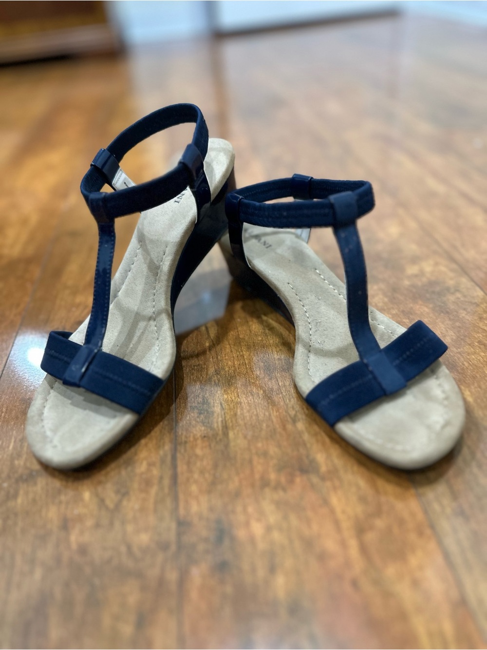 Alfani Navy T-Strap Sandals with Beige Footbed